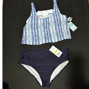 NWT Beach Design Tankini Scarf Swimsuit Set High Waist Ruched Blue White Size 18